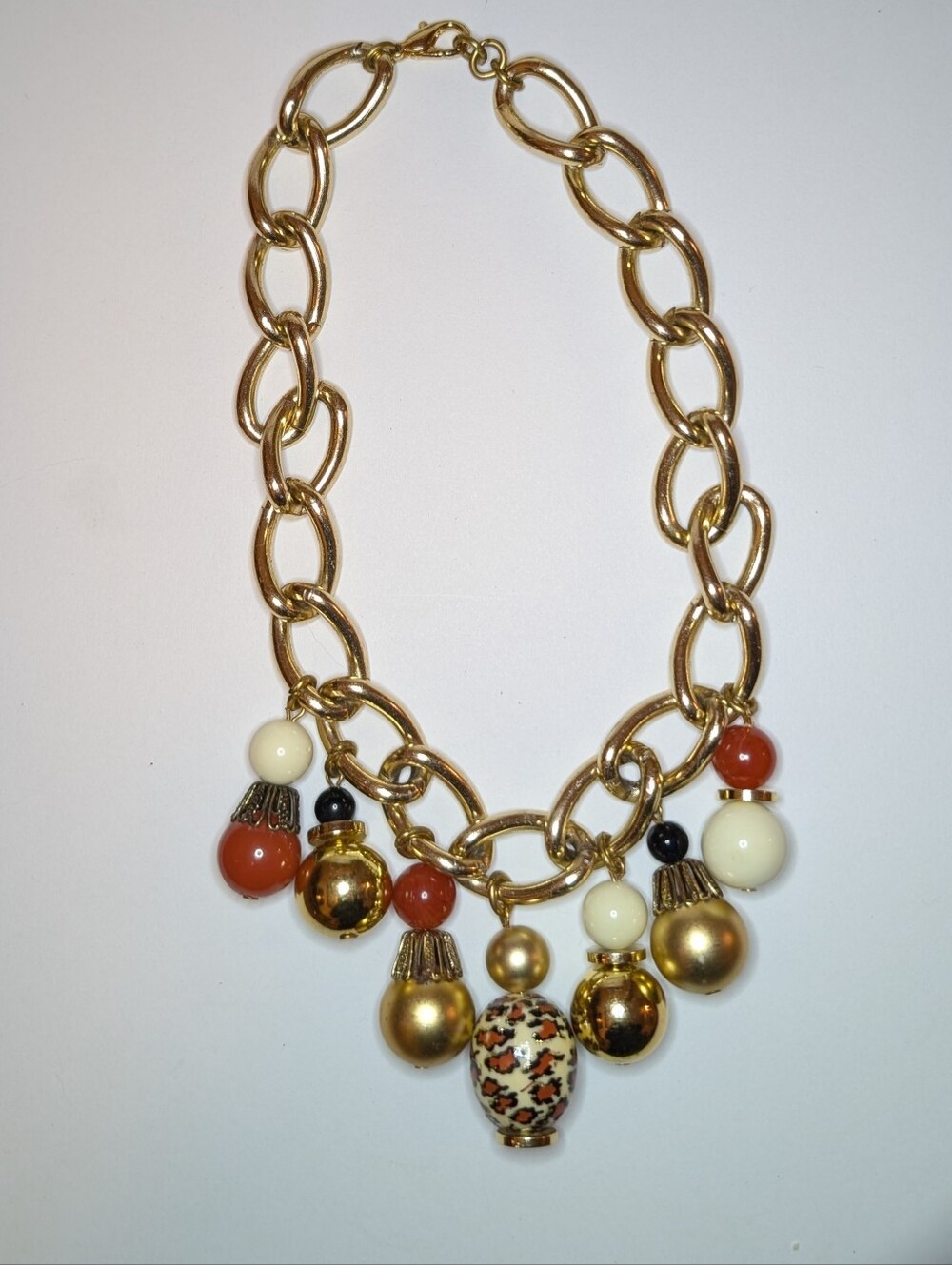 Chunky Gold Link Charm Necklace Animal Print Beads Multi Charm Statement